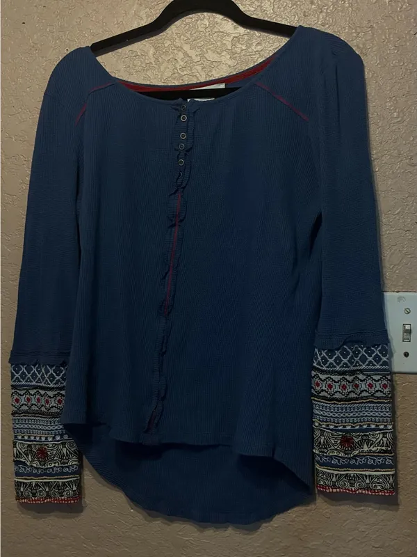 Sundance Henley Top Women medium Blue Boho Embroidered Waffle Knit Gorpcore - Image 2