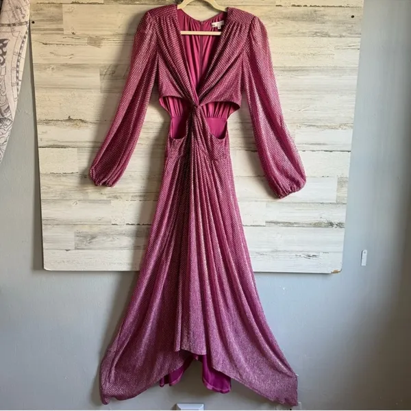 Ramy Brook Cutout Waist Metallic Polka Dot Lebron Gown Maxi‎ Dress Pink V-neck - Image 2