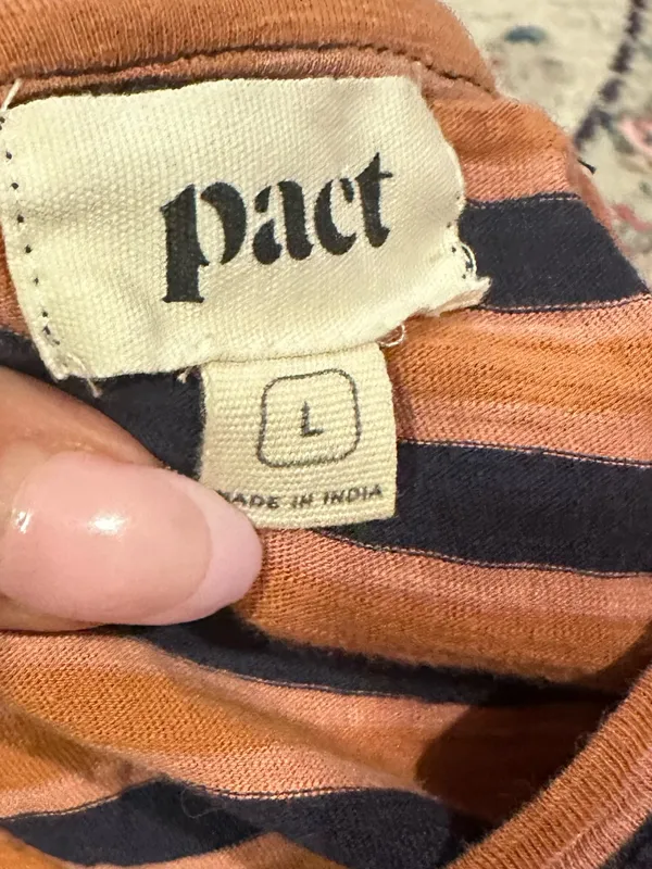 Pact Avery T-Shirt Dress Orange Harvest Navy Blue Stripe Organic Cotton - Image 7