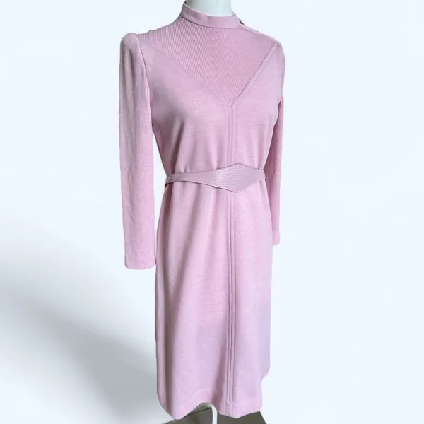 Vintage 70s Pink Sweater Dress Knit Mock Neck Sheath Retro Soft Girl Size 12 P - Image 2