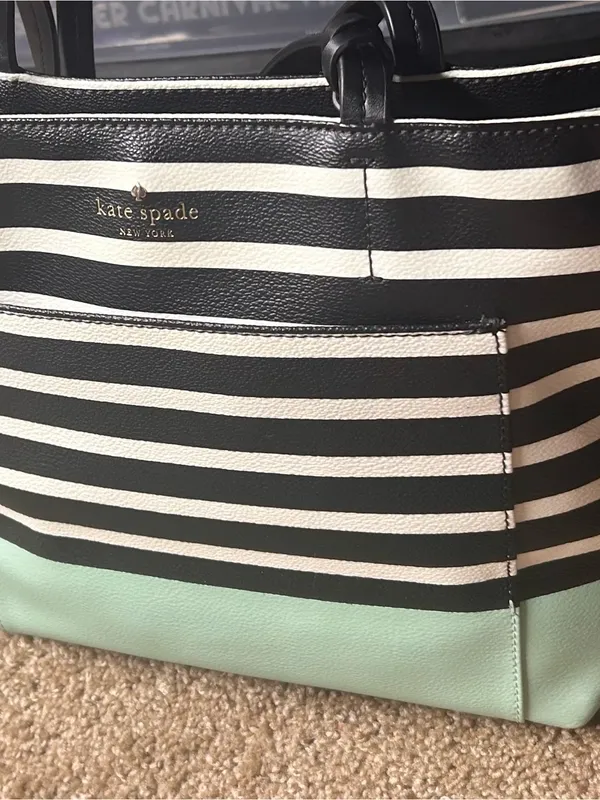 kate spade New York Black & Cream Striped Tote with Mint Base - Image 3
