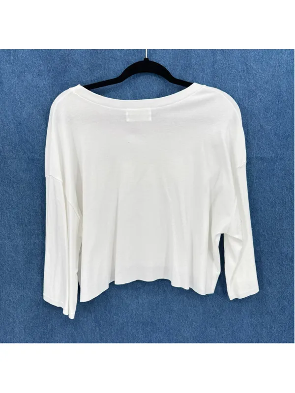 Bucket List Cropped Mérci Tee Long Sleeves Cutoff Cotton France Travel Sz Large - Image 2