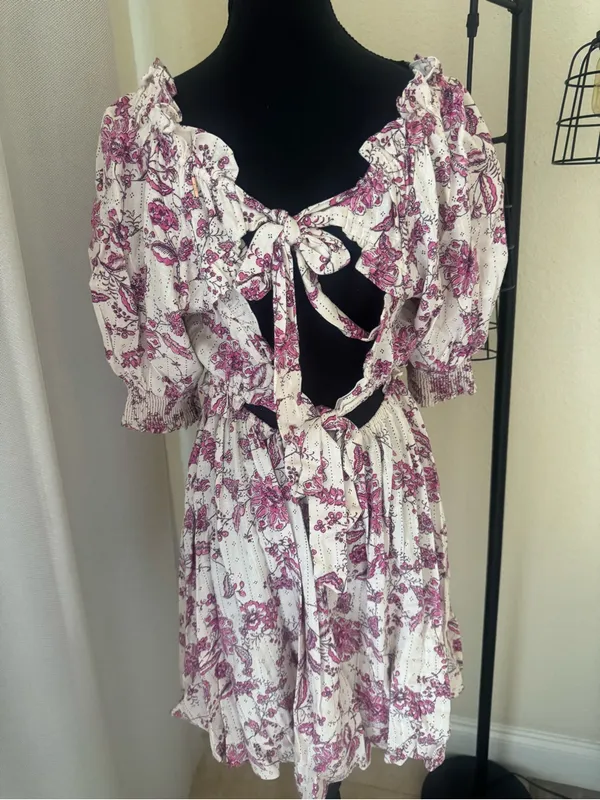 MISA Los Angeles Floral Tie Back Mini Dress Puff Sleeve A-Line Medium Made USA - Image 6