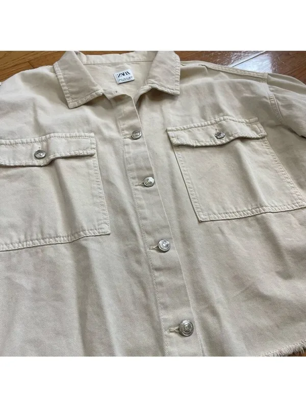 ZARA Cream Beige Cropped Frayed Hem Denim Cotton Jacket Utility Casual Boxy XL - Image 8