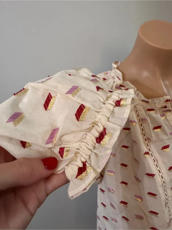 Point Sur J. Crew White Metallic Shirt Top Medium White Embroidered Pink Gold - Image 5