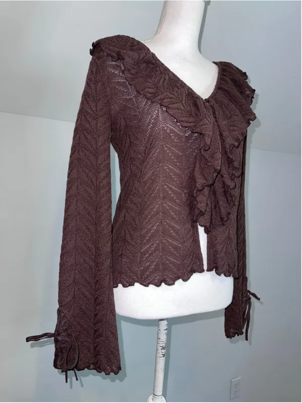 Women's LOFT Brown Ruffle Front Cardigan Sweater Size S - Image 2