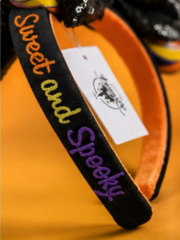 Disney Halloween Swirl Candy-theme Mickey Ears Headband with Black Sequin Bow - Image 3