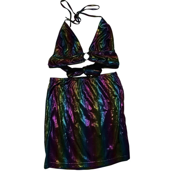 Holographic halter top mini skirt rainbow colored shiny Womens Xs rave set dress - Image 4
