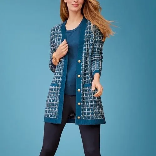 Talbots Merino Wool V Neck Cardigan Sweater Texture Plaid Blue White Size Medium - Image 2
