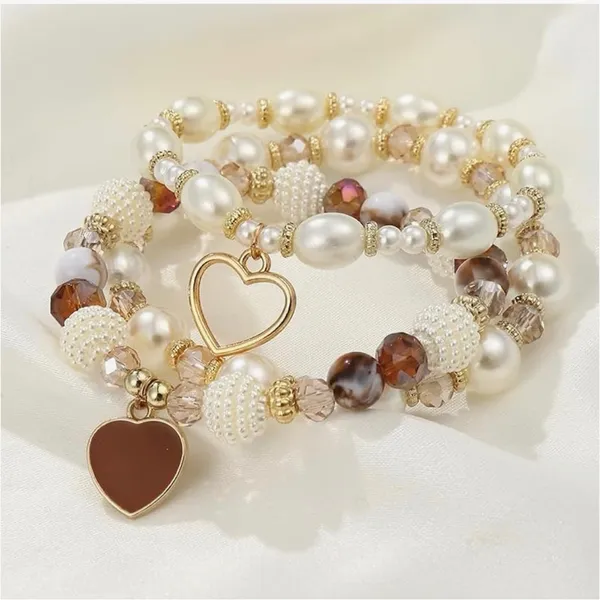 Boho Pearl & Crystal Heart Charm Bracelet Stack (5 Pieces) Gold - Image 4