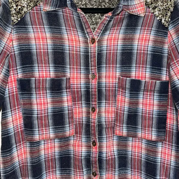 Little Bit of Sugar Red Plaid Sequin Tunic Flannel Shirt - Image 7