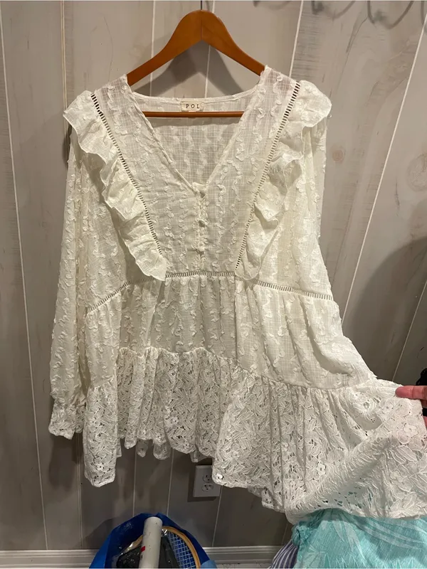 Cute ruffle Pol creamy vanilla lace ruffle peasant mini dress boho gypsy dream - Image 7