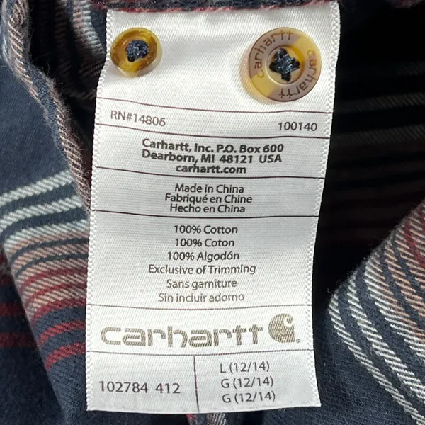 Carhartt Farwell Pullover Henley Flannel Shirt Large Navy Red Plaid Work Utility - Image 4