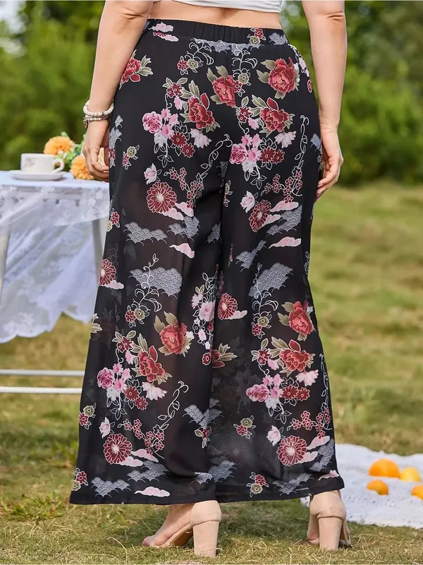 Black Floral Wide-Leg Asian Palazzo Semi Sheet Pants - Image 2