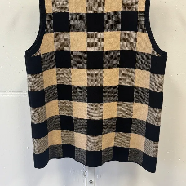 Loft Outlet Black Tan Buffalo Plaid Mock Neck Sleeveless Sweater Vest Top Career - Image 4
