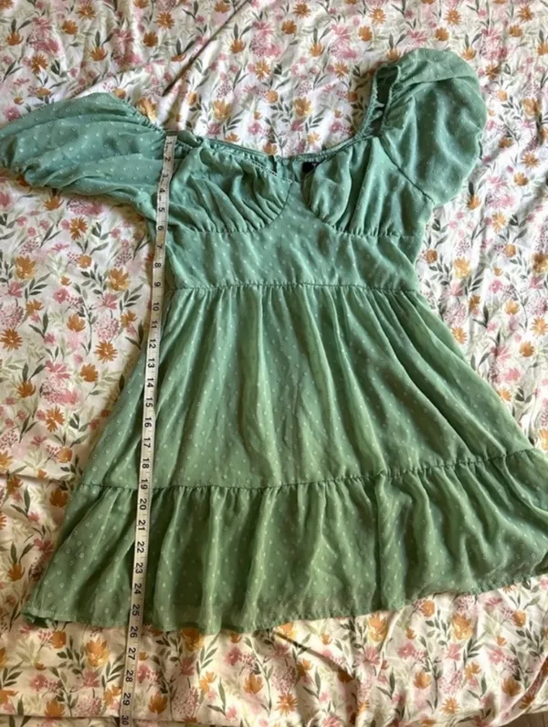 Trixxi Sage Green Puff Sleeve Swiss Dot Mini Dress M Cottagecore Summer - Image 9