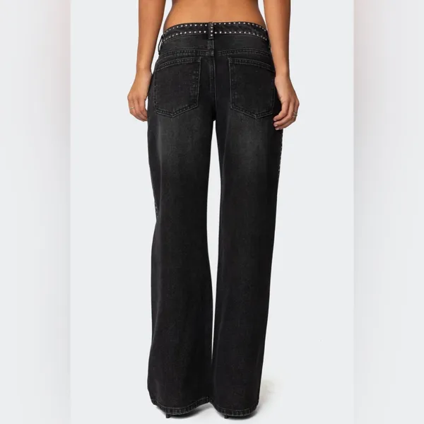 NWOT Edikted Quincy Studded Low Rise Baggy Jeans- Washed Black - Image 5