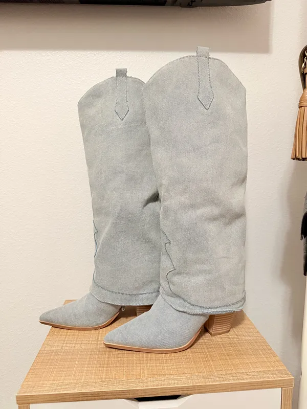 Blue Denim Knee High Cowboy Boots Size 8.5 - Image 5
