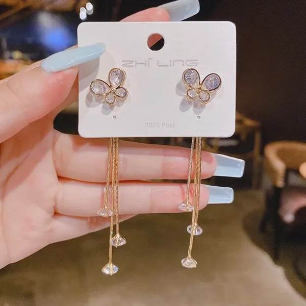 Women's Crystal Butterfly Long Tassel Dangle Drop Earrings - Image 2