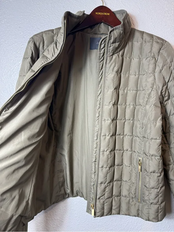 J.Crew Quilted Down Puffer Jacket Olive Green Stand Collar Zip Coat L Style 9732 - Image 8