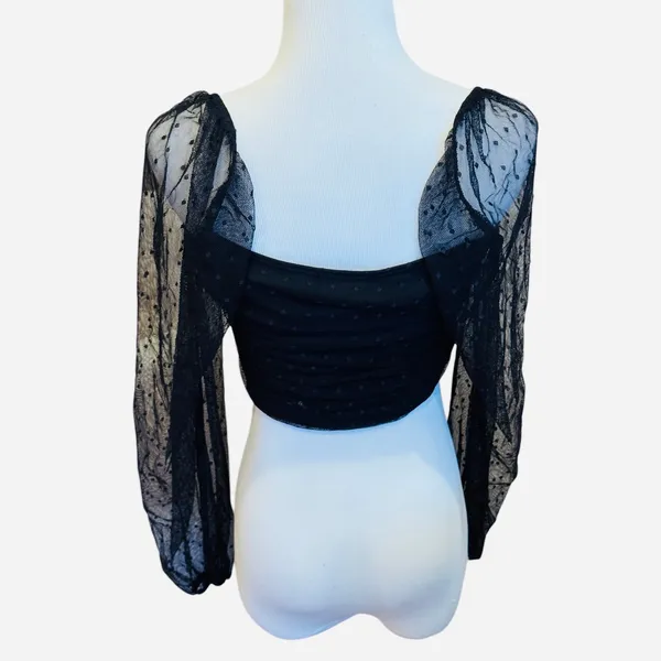 Blue Blush Black Mesh Top Crop Ruched Semi Sheer Polka Dots L - Image 3