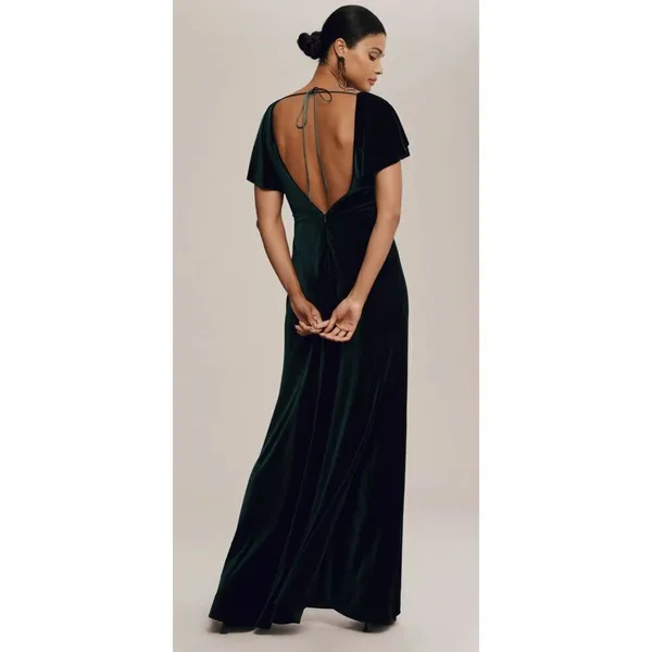 Jenny Yoo Ellis Ruffle-Sleeve Open-Back Green Velvet Wedding Gown 8 Homecoming - Image 2