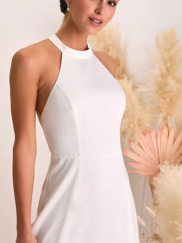 NWOT Radiant Adoration White Satin Lace Backless Halter Maxi Dress S - Image 4