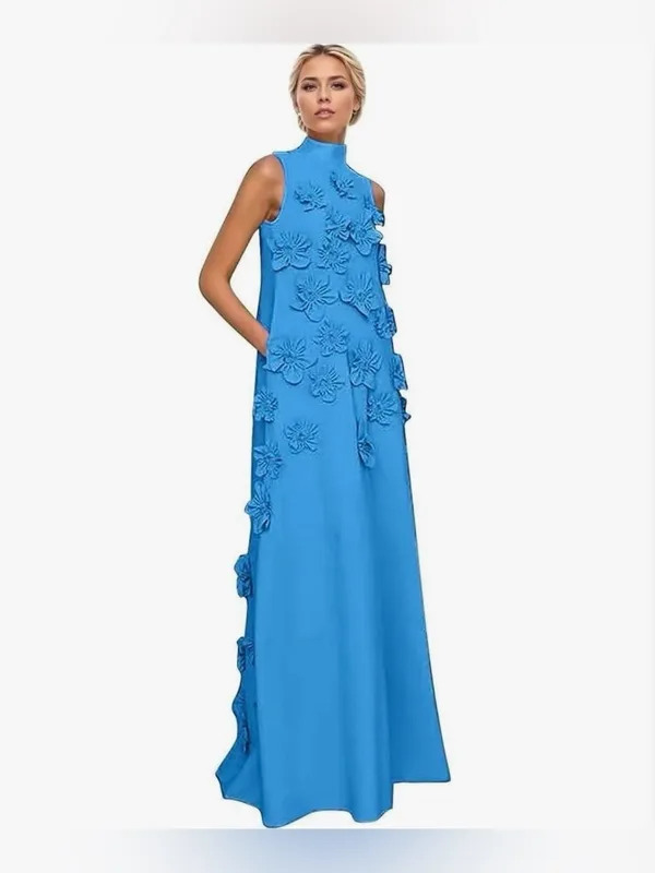 A Line High Neck Sleeveless Floor Length Stretch Crepe Dress With 3D Flowers - Image 4