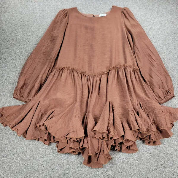 Bluivy Swing Dress Youth Medium Brown Ruffle Trim Fit & Flare Mini Lined Flowy - Image 12