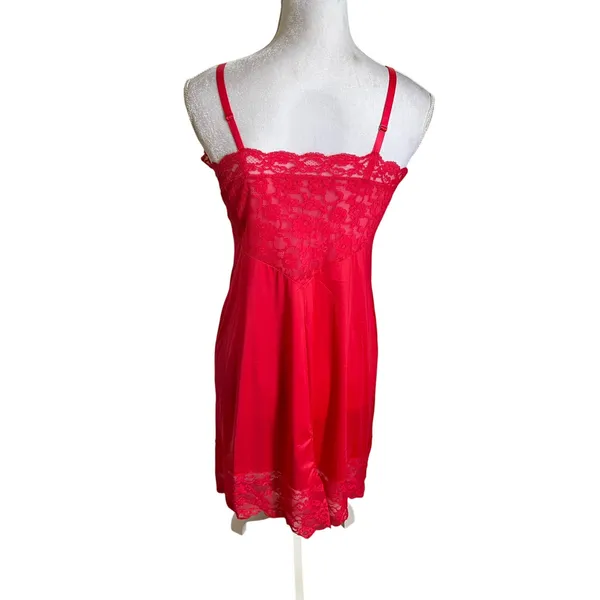 Vtg 1960s Vanity Fair Nylon Lace Slip Cherry Red Size 34 - Image 3