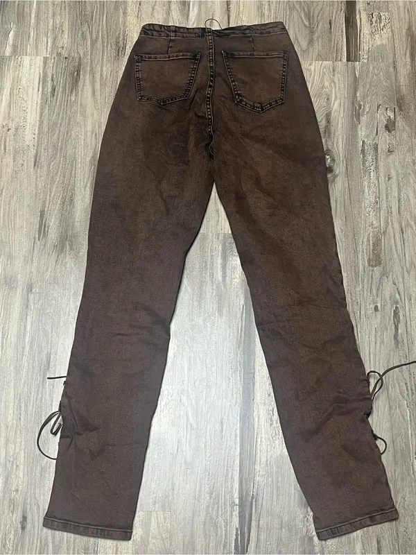 AKIRA Label Kat Brown Lace Up Distressed Slim Flare Jeans Size Small - Image 6