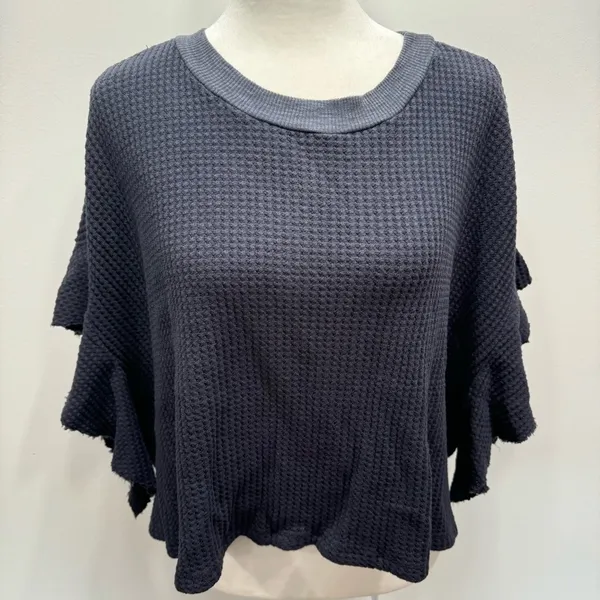 BUCKETLIST Navy Blue Waffle Knit Raw Edge Flutter Sleeve Slouchy Cropped Top NEW - Image 5