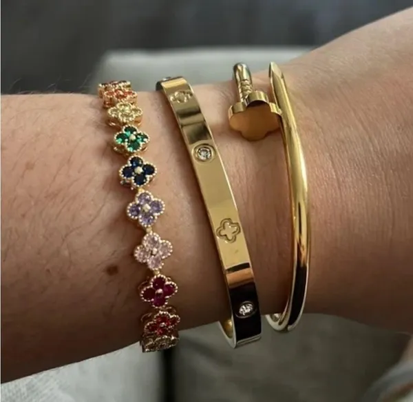 18K Gold Plated Nail Clover Bangle Bracelet Stainless Steel womens Jewelry NWT - Image 10