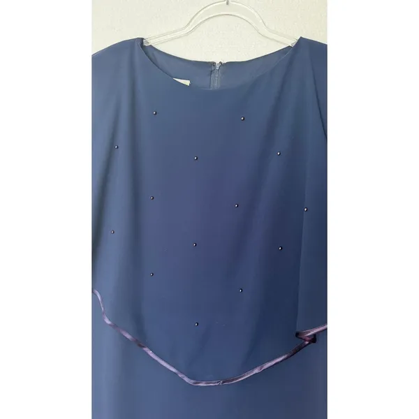 Late 1980s–1990s Patra Blue Chiffon Cape Overlay Beaded Dress Midi XL - Image 9