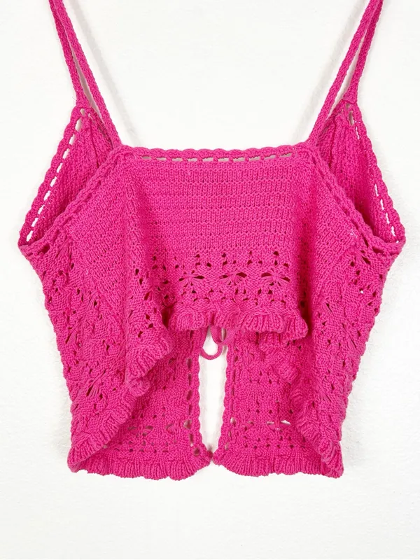 American Eagle cotton crochet knit tie front festival cropped top Y2K size large - Image 4