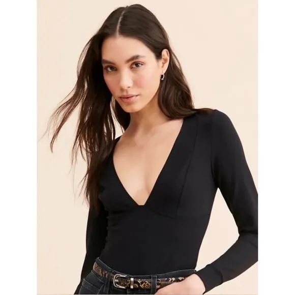 Free People INTIMATELY Basic Babe Bodysuit Black Plunging Neck Thong Small - Image 5