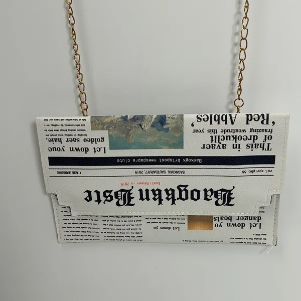 Befet Bay Newspaper Print‎ Envelope Clutch Crossbody Bag Gold Chain White Black - Image 3