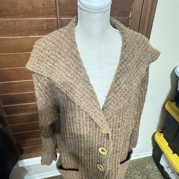 Free People Womens Wool Alpaca Brown Longline Cardigan Sweater Chunky Sz M - Image 3