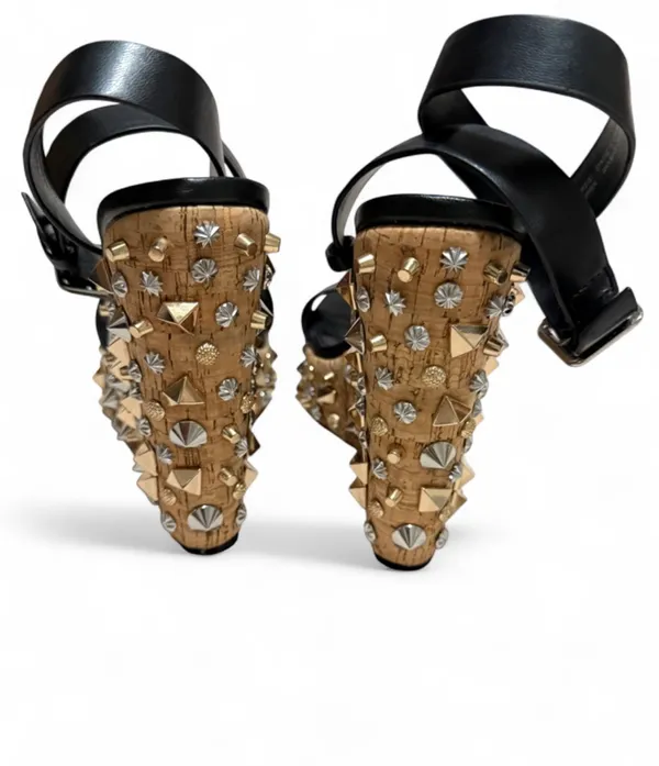 Steven Madden Black Leather Studded Wedge Sandals with Tan Wrapped Platform … - Image 4