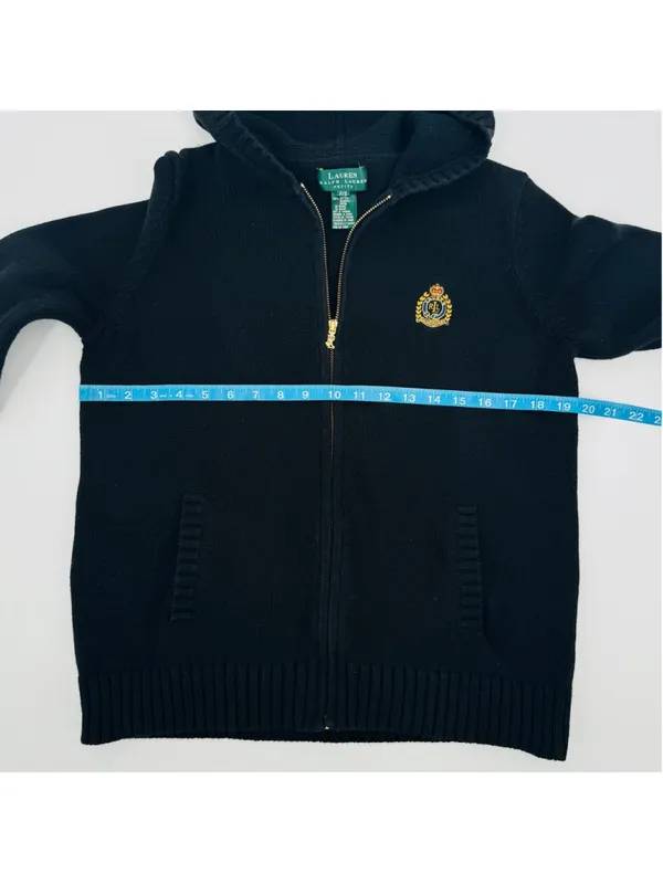 Vintage Lauren Ralph Lauren Black Knit Full Zip Hooded Sweater, Size M - Image 7