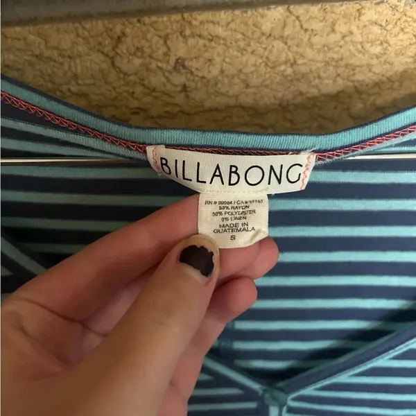 Billabong Women’s 1/2 Sleeve Blue Striped Button Lightweight Linen Blend Shirt - Image 2