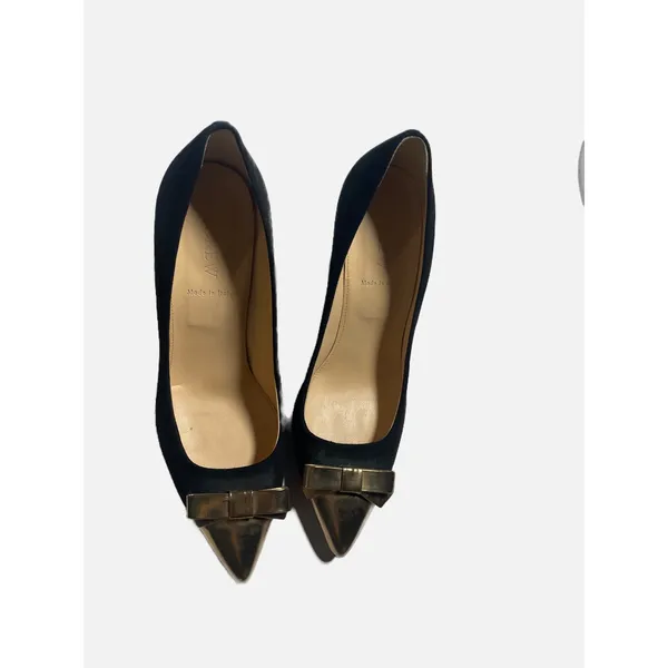 J.Crew Pumps Women 8 Black Gold Cap Toe Bow‎ Suede Stiletto Heels Made in Italy - Image 4