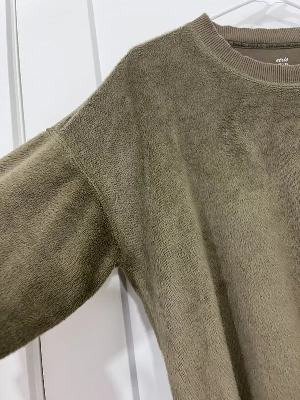 Aerie Extra Small Olive Green Velvety Plush High Crewneck Tunic Sweater - Image 6
