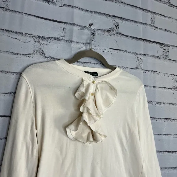 Lauren Jeans Co Ruffle Front ¼-Button Long Sleeve White Top Preppy M Blouse Y2K - Image 3