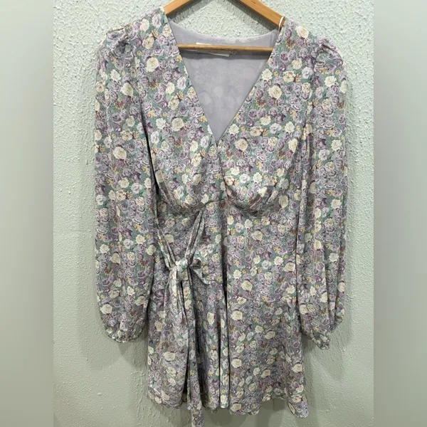 ASTR The Label Long Sleeve Mini Floral Dress in Lavender Romantic Boho Garden - Image 3