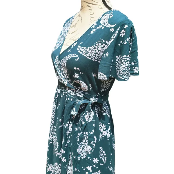 Patrons of Peace‎ Teal Paisley Faux Wrap Maxi Dress Short Sleeve Small J2083F58 - Image 4