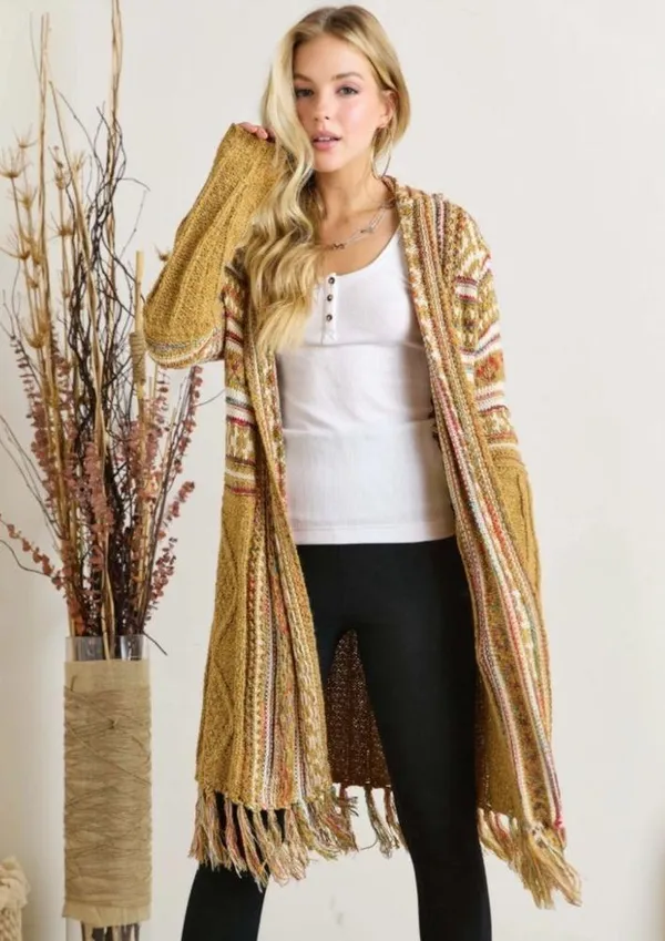 Bohemian Longline Knit Cardigan With Fringe Tassel Hem Southwestern Aztec Print - Image 2