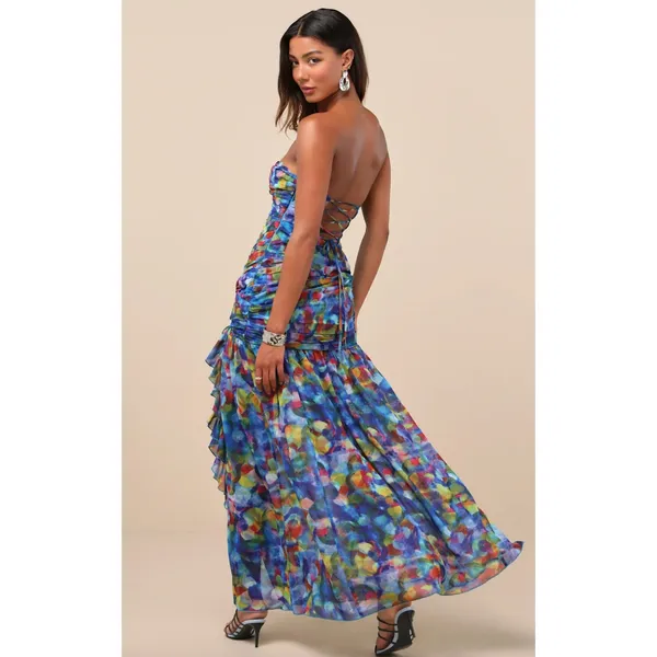 Lulus Jeniah Blue Multi Abstract Print Drop Waist Maxi Dress Formal Medium NWT - Image 2
