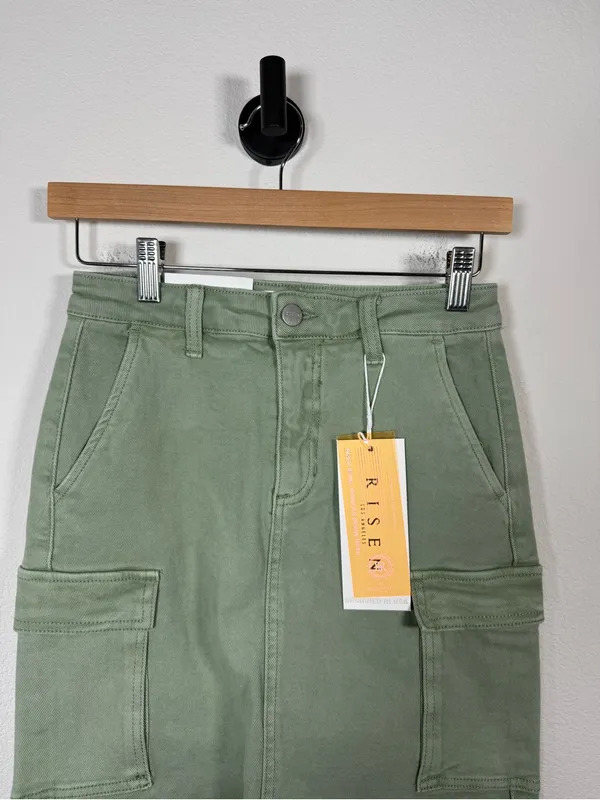 Risen Cargo Mini Skirt Olive Stretch Utility Pockets Size S Green - Image 4
