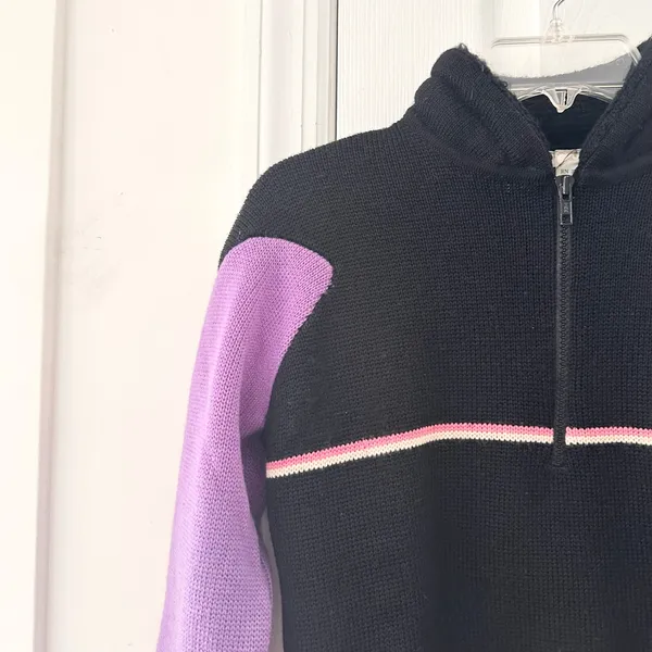 Obermeyer Sascha Vintage Wool Black Purple Stripe Quarter Zip Ski Sweater Large - Image 2